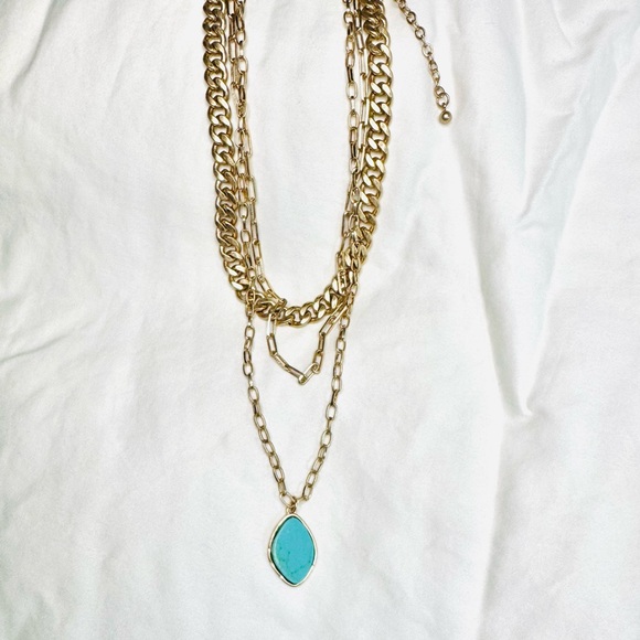NWT Three Gold Chains holding a Turquoise Pendant Necklace 13” 14” 16” Lengths - Picture 4 of 6